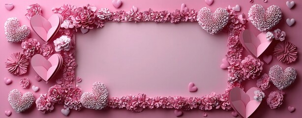 Wall Mural - Pink paper flowers and textured hearts arranged as a decorative frame on a pastel pink background Generative AI