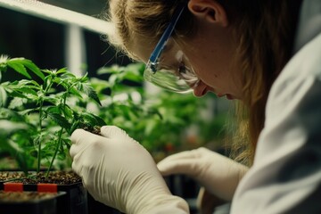 Poster - A scientist studies a plant specimen in a lab, with magnifying glass and notes