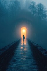 Poster - A person walks towards a tunnel with a bright light at the end, suitable for illustrations about hope, guidance, or new beginnings