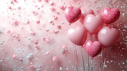 Sticker - Heart-shaped balloons with confetti design on pink background with floating hearts Generative AI