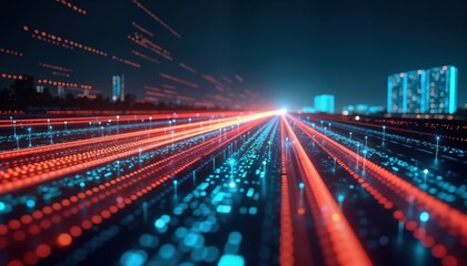 Poster - Fast digital data transfer on road at night in city. Tech stream flows on urban road. Global communication concept with coding. Agile tech disruption shown. Futuristic image with speed, tech