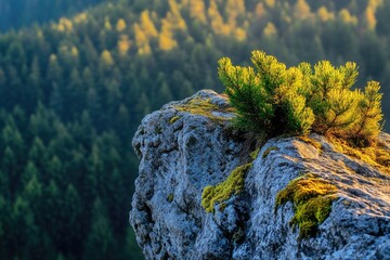 Sticker - A small plant grows out of the side of a rocky cliff, surrounded by nature