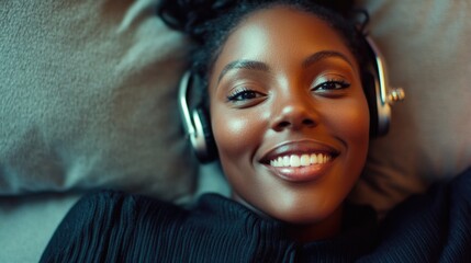 Wall Mural - A person relaxing on a bed wearing headphones, perfect for a quiet moment or a digital detox