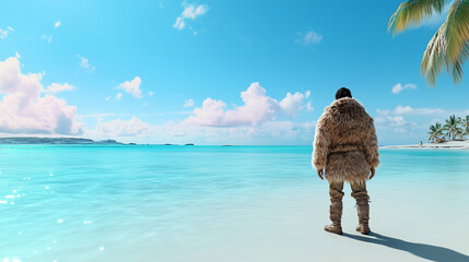 Person in a thick fur coat gazing at a serene tropical beach, blending arctic and coastal themes under a vivid blue sky with scattered clouds and palm trees