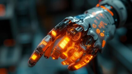 Poster - Futuristic robotic hand with glowing interface interacting in hightech environment