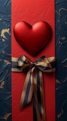 Wall Mural - Red heart with yellow ribbon tied in a bow on a vibrant red background.