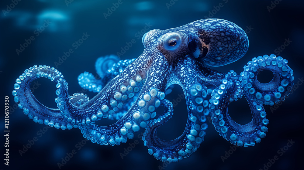 Blue octopus with illuminated tentacles swimming in deep ocean waters ...