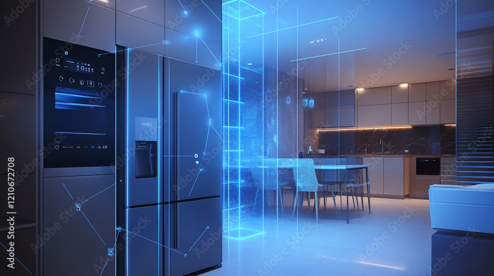 Modern kitchen with smart fridge and glowing tech, showing a connected ...