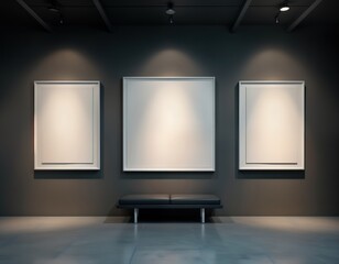 Empty museum gallery interior with three blank white frames on dark grey wall. Modern design with sleek black bench in room. Clean, minimalist space. Suitable for art creating gallery mock up. Modern