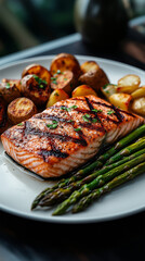 Wall Mural - A beautifully plated salmon steak with crispy edges, garnished with asparagus and roasted potatoes,