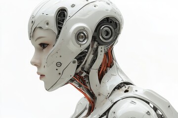 Poster - A close-up view of a robot's head and neck, suitable for use in illustrations about technology, futurism, or sci-fi themes
