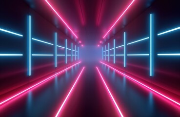 Poster - Empty dark corridor illuminated by vibrant neon lights. Neon glow creates futuristic design in tunnel. Geometric lines, walls with bright illumination. Modern, abstract style. Futuristic, dynamic