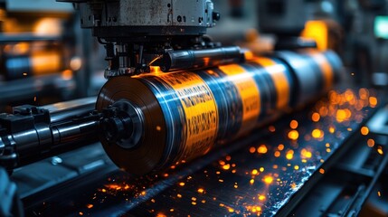 Poster - Machine cutting metal with sparks on background
