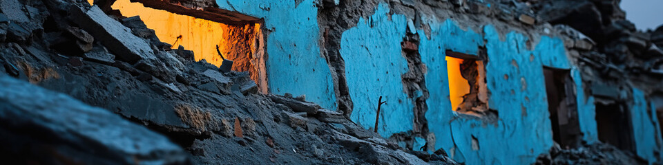 Canvas Print - Partially Destroyed Building with Exposed Interior Illumination