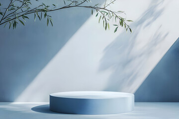 Wall Mural - A soft blue podium set against a minimalistic art room backdrop, perfect for clean product displays.