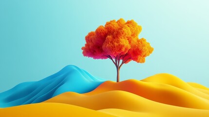 A tree is standing in a yellow and blue landscape