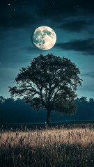 Wall Mural - majestic tree under a full moon in a serene landscape at night