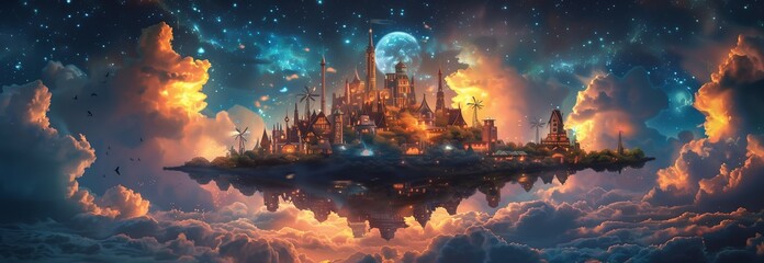 a breathtaking floating city amidst a cosmic sky filled with vibrant colors and clouds.