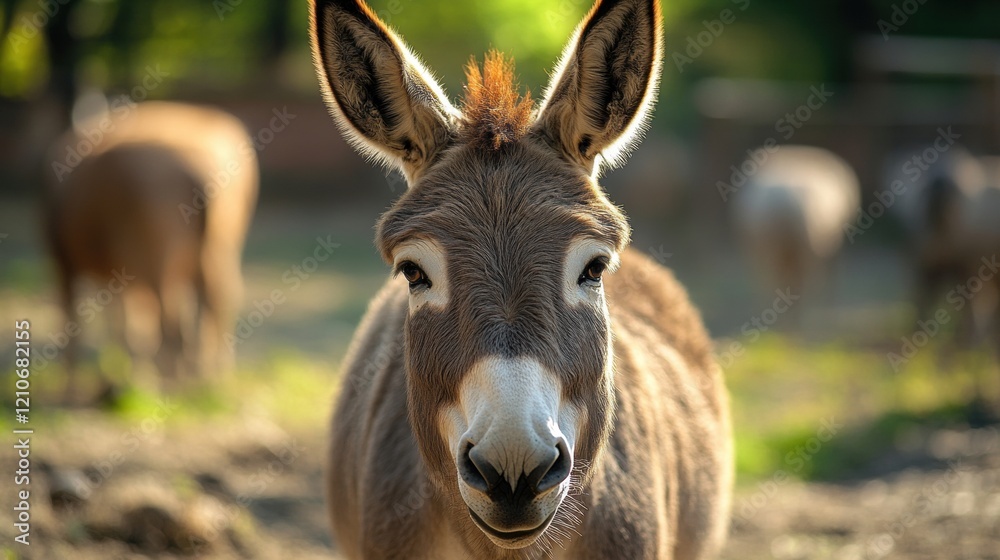 Close-up of a Brown Donkey with Ears Flopped in the Countryside