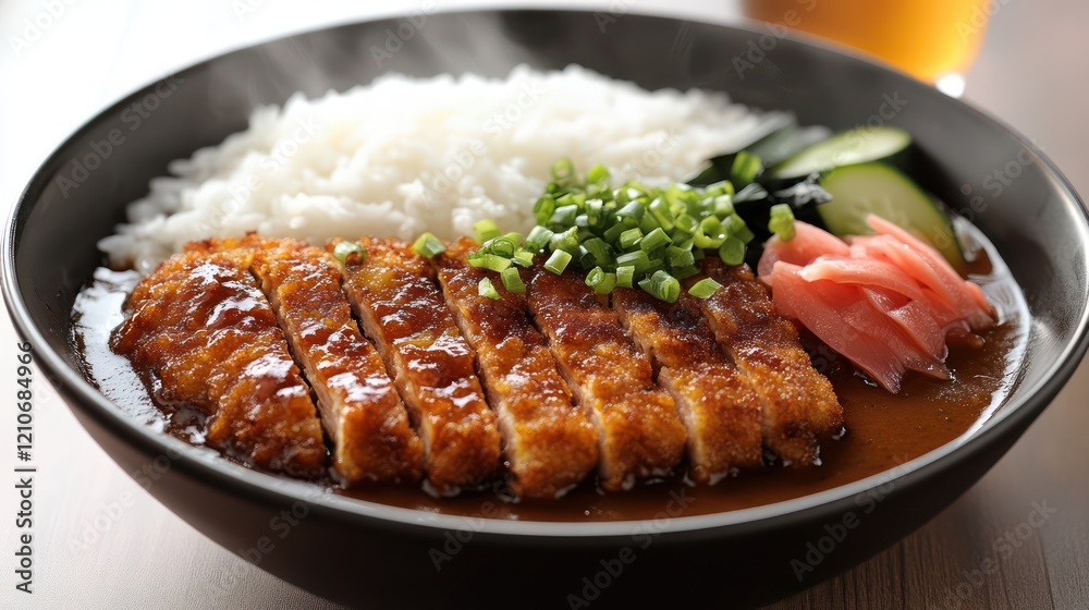 Ilustración de Stock crispy chicken katsu served atop fluffy white rice ...