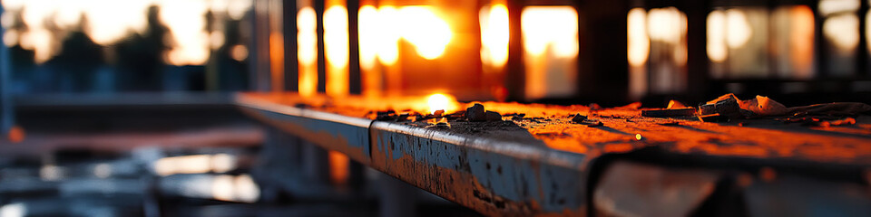 Canvas Print - Rusty Metal Beam at Sunset with Debris