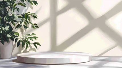 Wall Mural - A round white platform sits on a ledge, bathed in soft light and shadow. window frame shadows create patterns on the wall and podium for your product display. ai generated. Shadow Ridge. Illustration