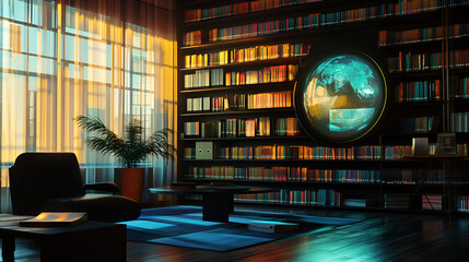 Wall Mural - A hybrid office library with holographic research