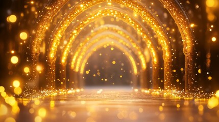 golden archway with soft glowing lights and elegant design, high detail, luxurious and rich, spiritual and peaceful, warm and inviting, soft bokeh background
