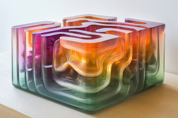 Poster - a unique glass composition with an abstract design. It is a cubic structure with smooth wavy lines, created from transparent glass that shimmers with rich colors.  