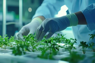 Poster - A scientist in a lab coat and gloves works on plants, likely conducting experiments or research