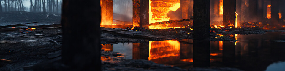 Sticker - Fire-Damaged Wooden Structures and Water Reflection