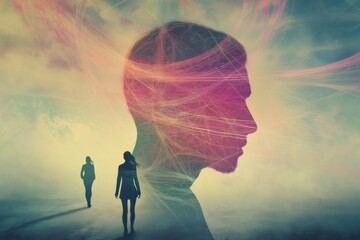 Surreal image depicting two women walking away from a giant man's head emanating energy flows, symbolizing lost connection or fading memories