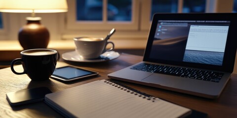 Poster - A person's workspace with a laptop and a cup of coffee