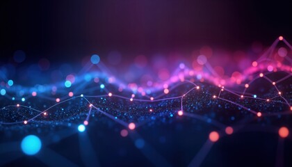 Fototapete - Abstract tech background with glowing blue, purple dots. Futuristic design. Complex network of connections. Modern lines, shapes. Glowing points, lines form abstract pattern. Dynamic, innovative.