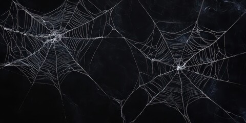Two intricately detailed spider webs stretched across a deep black background