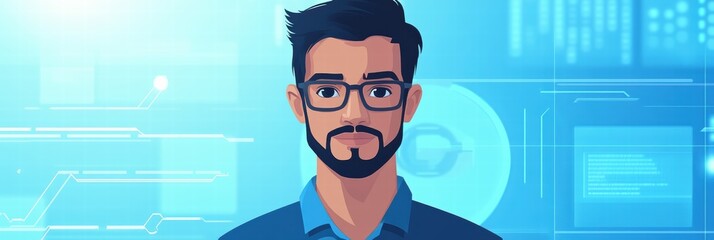 Poster - Graphic layout featuring a young man with glasses in a digital environment for portrait advertising