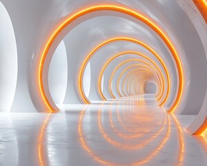 Poster - Futuristic white tunnel with orange neon lights.