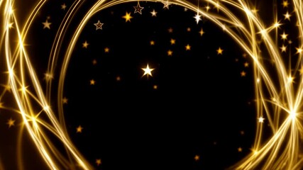 Wall Mural - golden swirling particles and stars on black background. seamless looping 4k animated video for cele