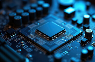 Poster - Close-up view of microchip on circuit board. High-tech electronic components create complex system. Tech component shows details of system board. Advanced circuit design. Modern chip development,