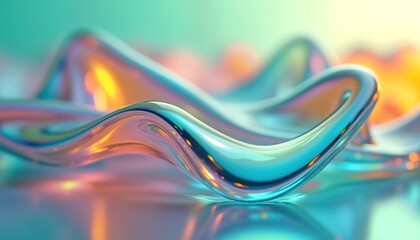 Poster - Abstract iridescent glass forms flowing curves with reflecting lights, refracting colours. Fluid shapes blend into soft gradient background with blue to green tones. Vibrant colours create dynamic