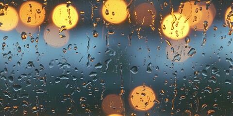 Poster - Raindrops on window glass with blurred golden bokeh lights creating atmospheric evening mood, perfect for seasonal designs and emotional backgrounds.