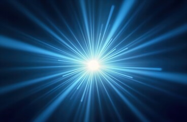 Poster - Abstract illustration shows bright glowing center point emitting blue, white rays against dark background. Dynamic rays radiate outwards creating powerful energy effect. Suitable for tech design,