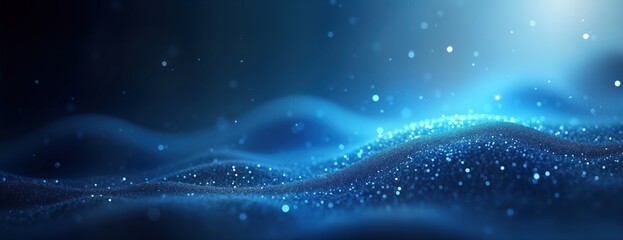 Poster - Dark blue gradient background with light, texture. Abstract design with sparkling glistering elements. Soft focus effect. Blue tones create sense of depth, movement. Digital artwork ideal for graphic