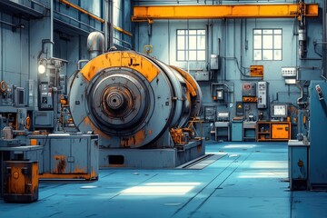 Poster - A large industrial machine inside a busy factory setting
