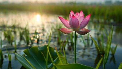 Poster - Serene Landscape of Beautiful Pink Lotus Flower Blooming in Tranquil Water, Surrounded by Green Leaves and Reflection of Sunlight in Natures Harmony