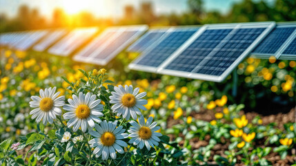 White daisies blooming near solar panel array in garden under bright sunlight, renewable energy installation with flowering meadow showcasing sustainable environmental technology