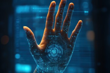Poster - Silhouette of a hand featuring biometric scanners against a digital background