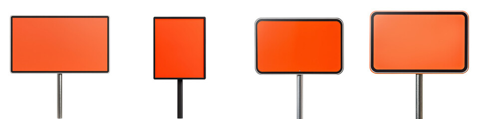 Four orange signs of varying sizes, each mounted on a pole, characterized by their vibrant color and rectangular shape.