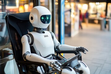 Poster - a robot sitting in a chair on a sidewalk, great for tech or innovation themes