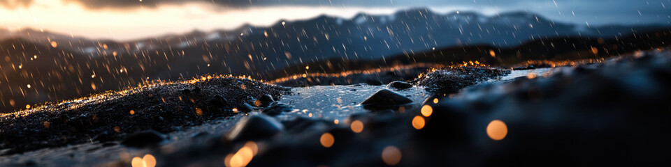 Wall Mural - Rain on Rocky Ground with Mountain Background